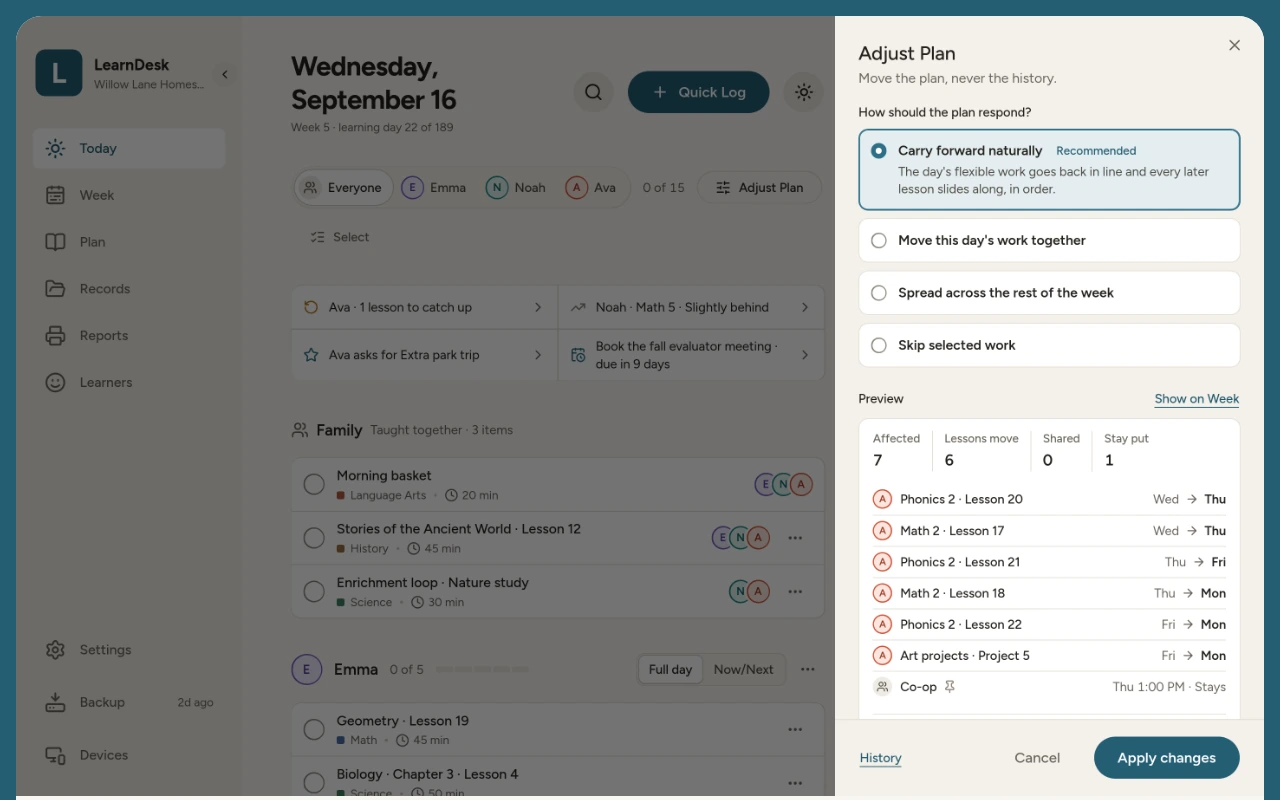 Adjust Plan in LearnDesk for a child's sick day: carry forward naturally, and a preview of each lesson that moves while co-op stays