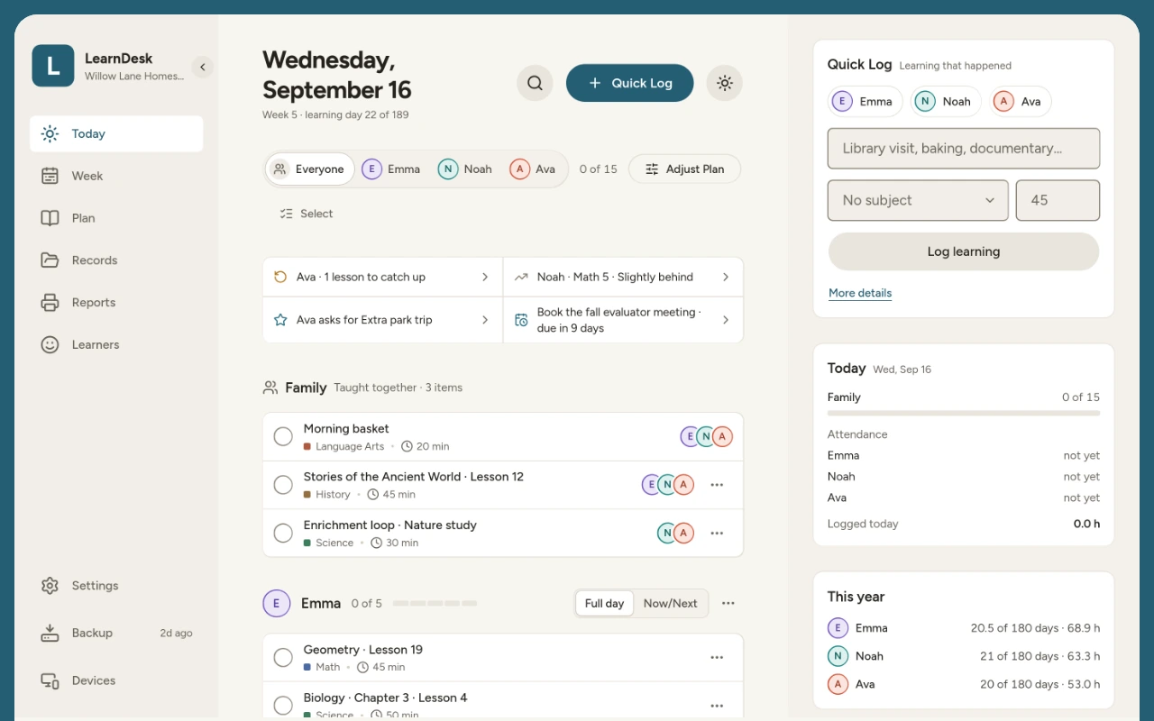 Today in LearnDesk: the family's shared lessons, each child's work, what needs attention, Quick Log and this year's days and hours