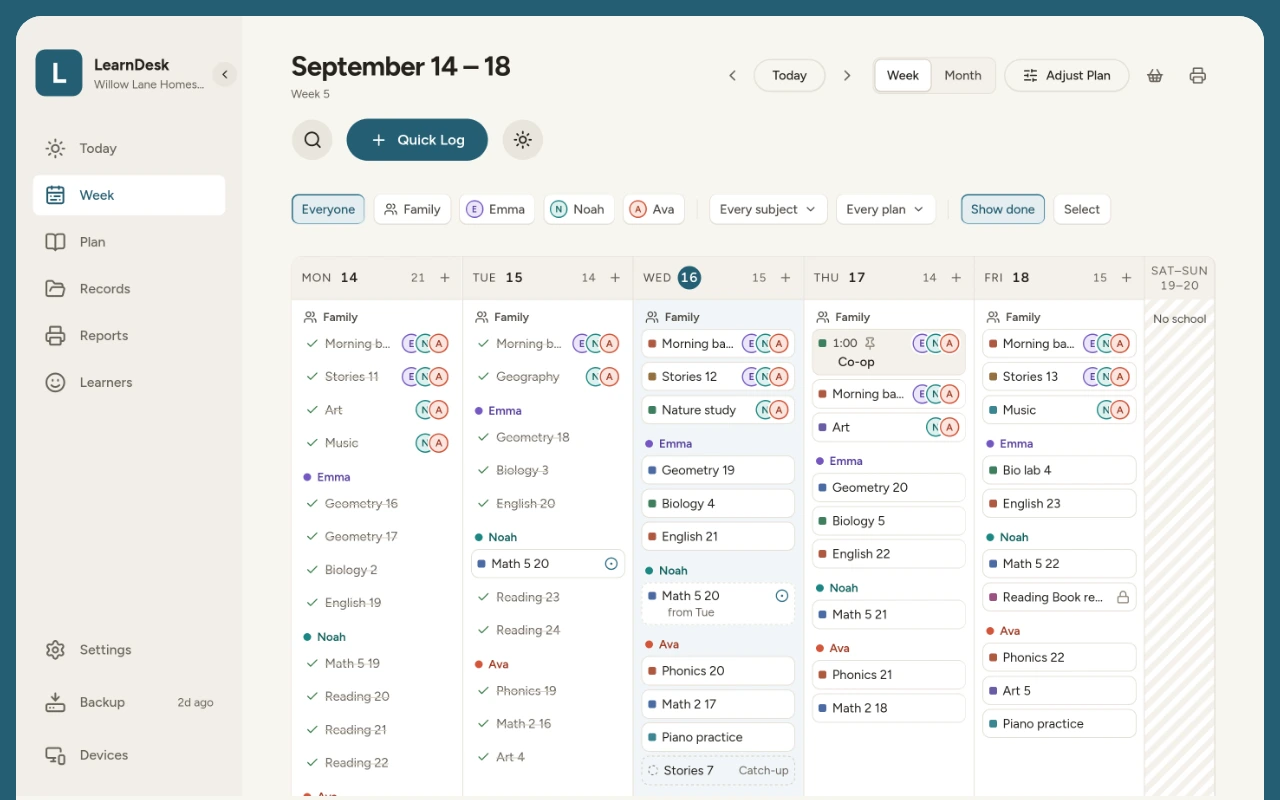 The Week view in LearnDesk: Monday to Friday with each child's lessons, a fixed co-op on Thursday and a catch-up lesson